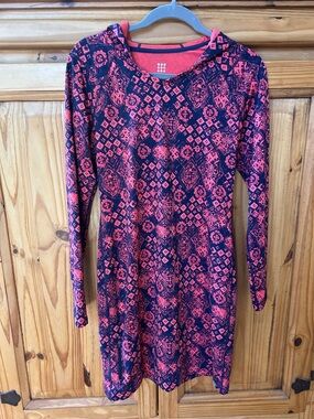 Title Nine Dress Mercury Long Sleeve Hood Blue Pink Geometric Pattern Small